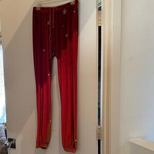 Aviator Nation Red Velvet Leggings with Gold Stars